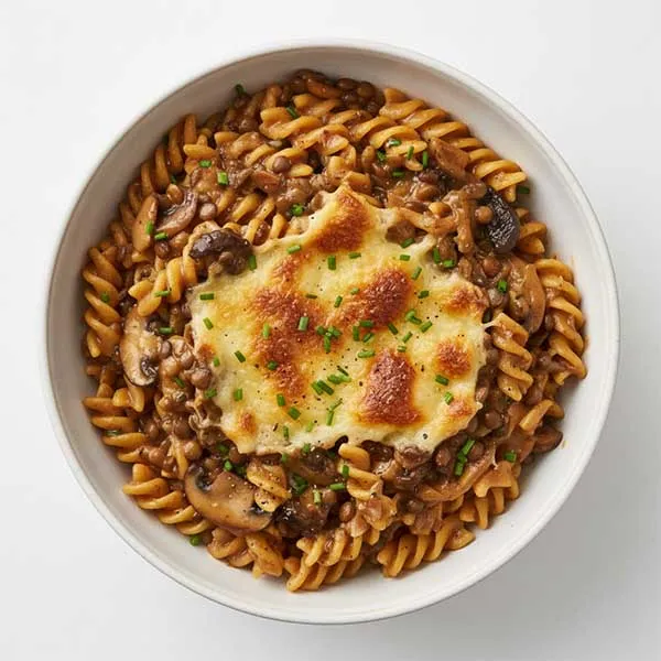 Creamy French Onion lentil and mixed mushroom Sauce with fusilli